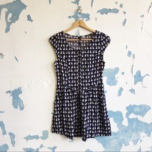 H&M Navy Cat Print Button Front Mini Shirt Dress
